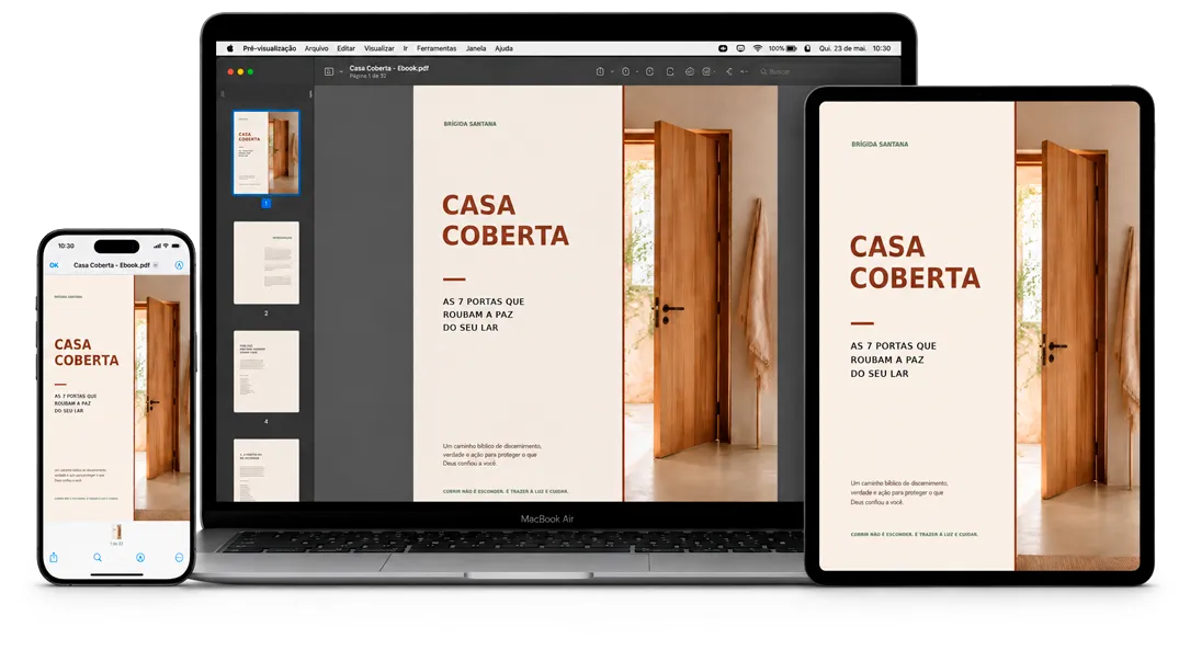 E-book Casa Coberta exibido em notebook, tablet e celular