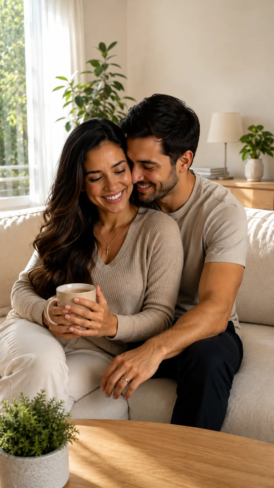 Casal cristão em momento de conexão e paz dentro de casa